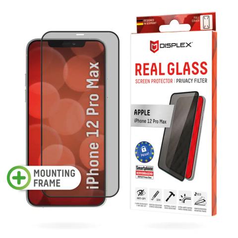 Displex Privacy Full Cover Screen Protector (10H) for Apple iPhone 12 Pro Max, Eco Mounting Frame, Privacy Filter, Tempered Glass, scratch resistant protective film, case friendly