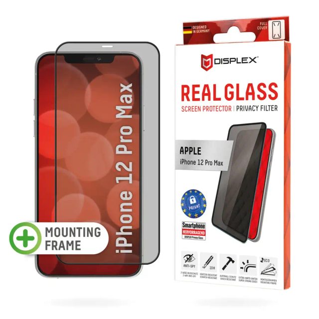 Displex Privacy Full Cover Screen Protector (10H) for Apple iPhone 12 Pro Max, Eco Mounting Frame, Privacy Filter, Tempered Glass, scratch resistant protective film, case friendly