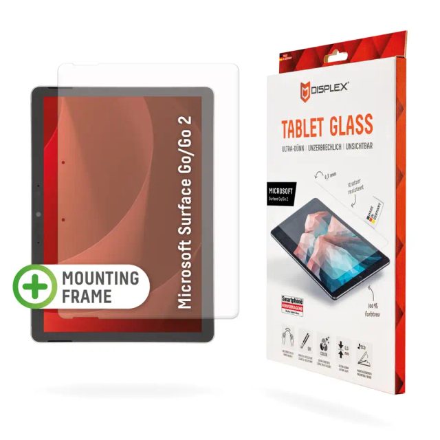 Displex Tablet Glass (9H) for Surface Go/Go2, Eco Mounting Frame, unbreakable, ultra-slim, invisible