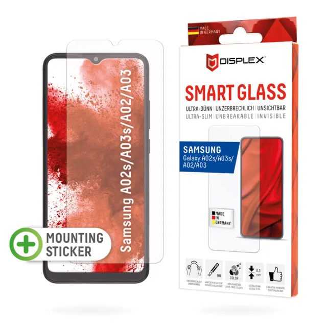 Displex Smart Glass (9H) for Samsung Galaxy A02/A02s A03/A03s, Mounting Sticker, unbreakable, ultra-slim, invisible