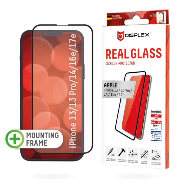 Displex Premium Screen Protector (Full Cover, 10H) for Apple iPhone 13/13 Pro/14/16e/17e, Eco Mounting Frame, Full Cover