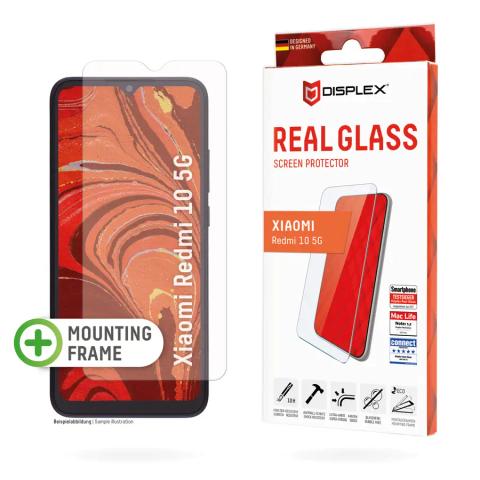 Displex Screen Protector (10H) for Xiaomi Redmi 10 5G, Eco Mounting Frame, Tempered Glass, scratch resistant protective film, case friendly