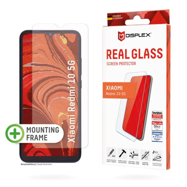 Displex Screen Protector (10H) for Xiaomi Redmi 10 5G, Eco Mounting Frame, Tempered Glass, scratch resistant protective film, case friendly