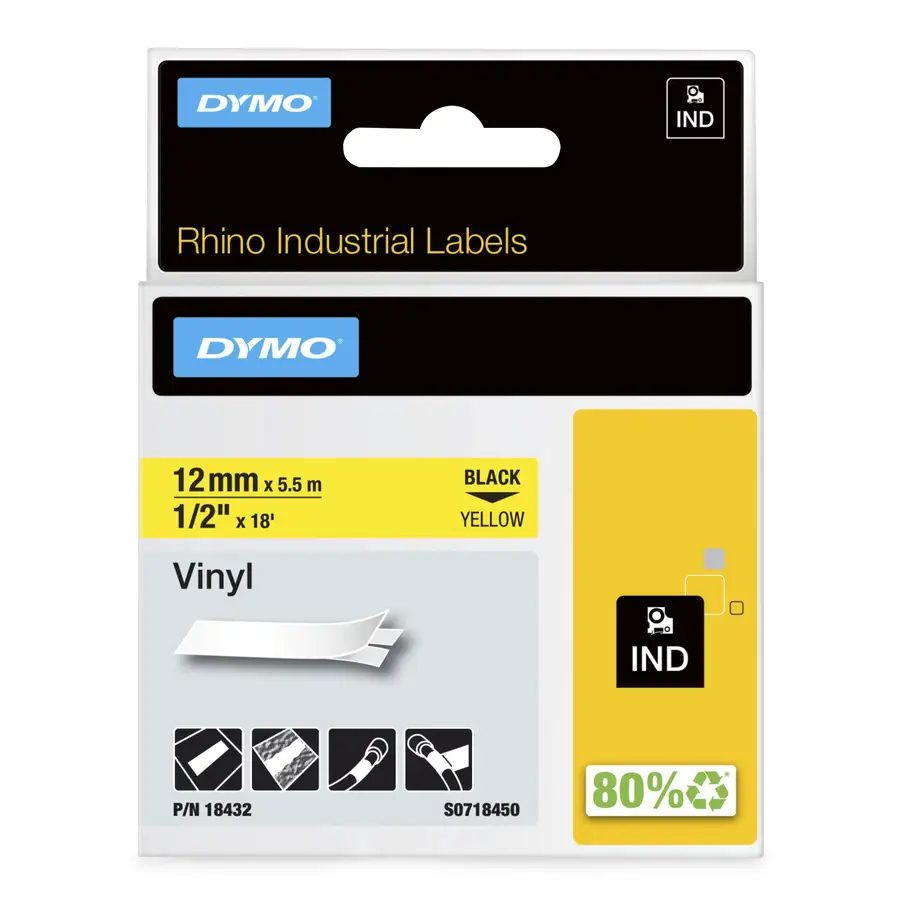 DYMO Rhino Industrial Vinyl Labels | 12 mm x 5.5 m | Black Print on Yellow | Self-Adhesive | for Rhino & LabelManager Label Makers