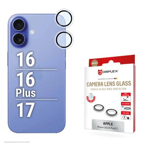 Displex Premium Camera Lens Glass, iPhone 16/16 Plus/17 Glas, 10H, Single Rings, DLC, transparent, Quick Mount