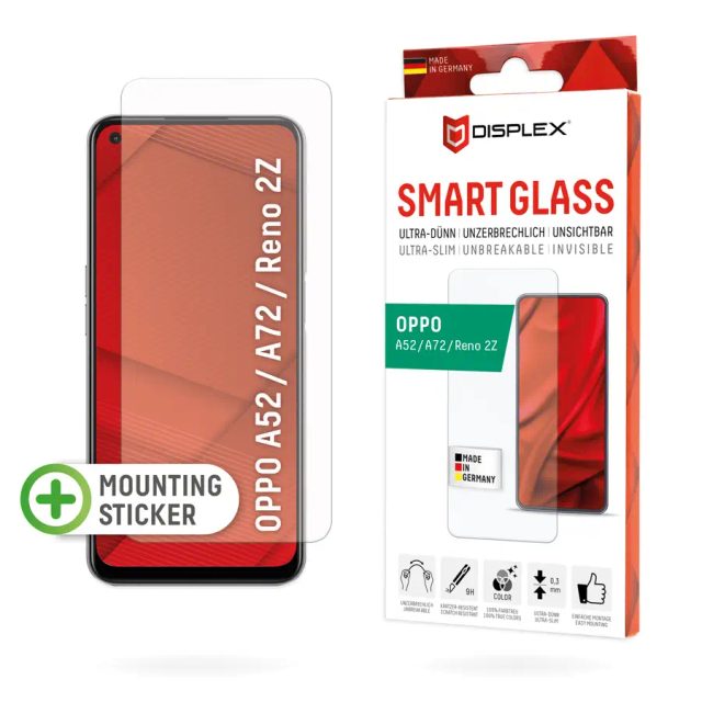 Displex Smart Glass (9H) for Oppo A52/A72/Reno 2Z, Mounting Sticker, unbreakable