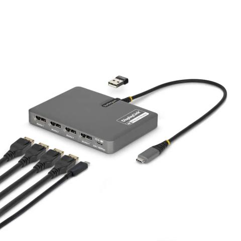 StarTech.com USB-C to Quad-Monitor Workstation Adapter, 4K 60Hz DisplayPort, 140W PD Passthrough for Laptop Charging, USB Port for Wireless Keyboard / Mouse, TAA