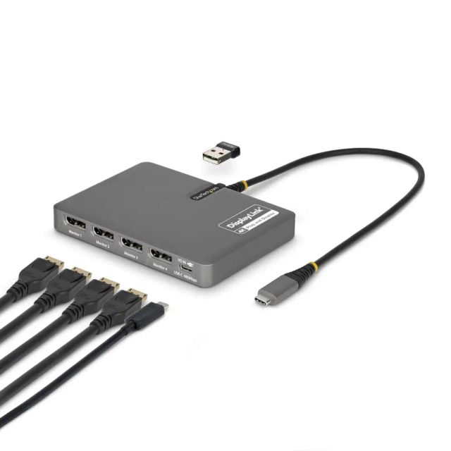 StarTech.com USB-C to Quad-Monitor Workstation Adapter, 4K 60Hz DisplayPort, 140W PD Passthrough for Laptop Charging, USB Port for Wireless Keyboard / Mouse, TAA
