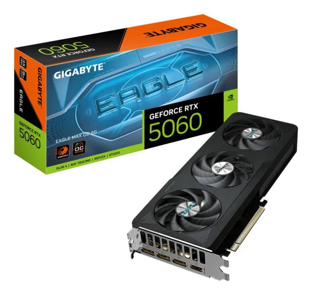 GIGABYTE GeForce RTX 5060 EAGLE MAX OC 8G Graphics Card - 8GB GDDR7, 128bit, PCI-E 5.0, 2550 MHz Core Clock, 3 x DisplayPort, 1 x HDMI, NVIDIA DLSS 4, GV-N5060EAGLEMAX OC-8GD 1.0
