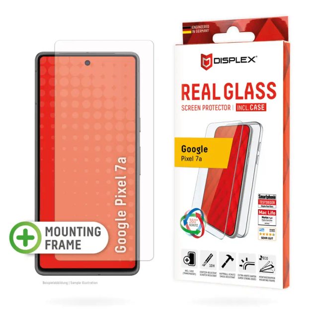 Displex Screen Protector (10H) + Case for Google Pixel 7a, Eco Mounting Frame, + Case, Tempered Glass, scratch resistant protective film