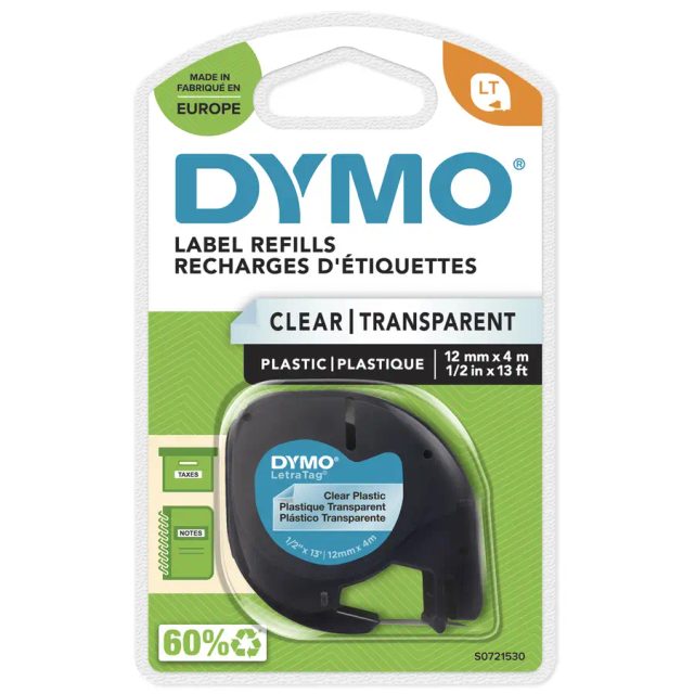DYMO Branded LetraTag Plastic Labels | 12 mm x 4 m Roll | Black Print on Clear Labels | MultipurposeSelf-Adhesive Labels for LetraTag Label Makers