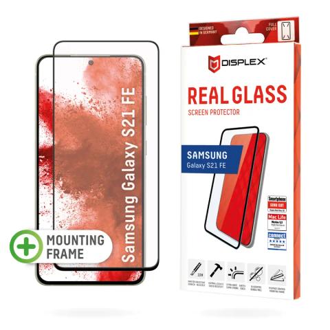 Displex Full Cover Screen Protector (10H) for Samsung Galaxy S21 FE, Eco Mounting Frame, full screen coverage, Tempered Glass, scratch resistant protective film, case friendly