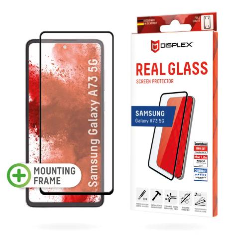 Displex Full Cover Screen Protector (10H) for Samsung Galaxy A73 5G, Eco Mounting Frame, full screen coverage, Tempered Glass, scratch resistant protective film, case friendly