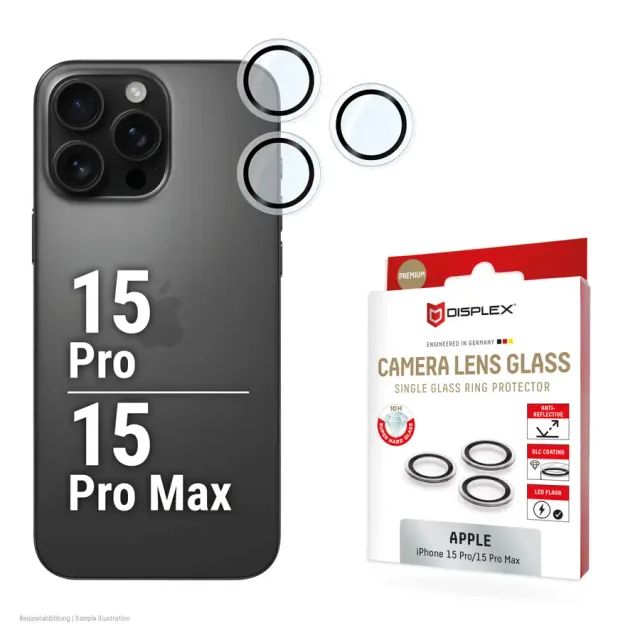 Displex Premium Camera Lens Glass, iPhone 15 Pro/15 Pro Max, 10H, Single Rings, DLC, transparent, Quick Mount