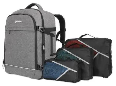 Manhattan Rome Notebook Travel Backpack 17.3", Two Sleeves for Most Laptops Up To 17.3" and Tablets Up To 11", Aircraft-friendly Carry-on, 40L Capacity, Multiple Accessory Pockets, Three Soft Clamshell Cases, Two Handles, Stowable Shoulder Straps, Light Grey