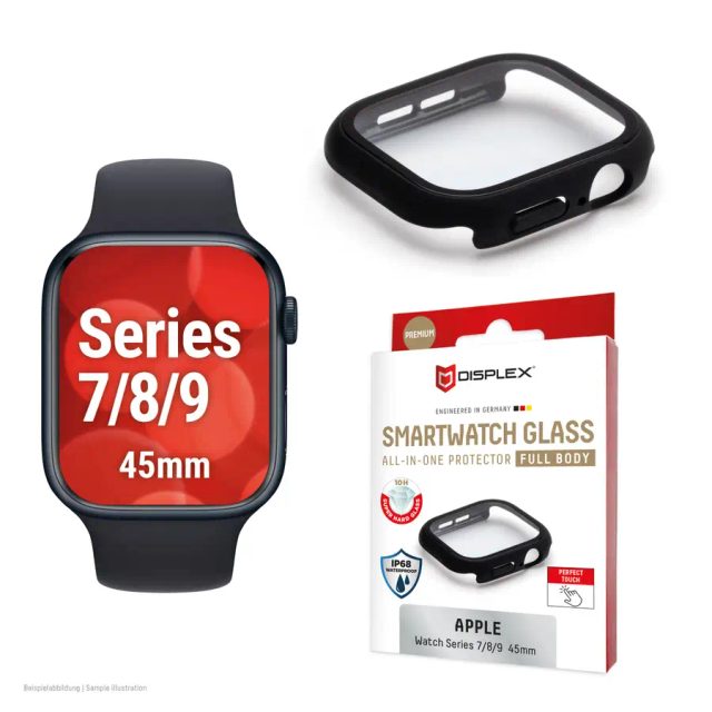 Displex 10H Tempered Glass for Apple Watch 9/8/7 (45mm), Full Body Case, IP68, Snap-On, black frosted