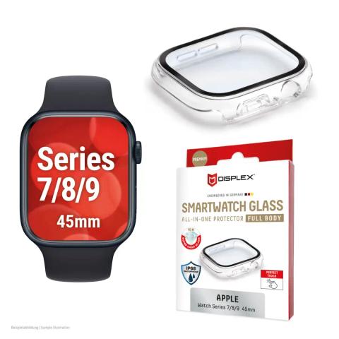Displex 10H Tempered Glass for Apple Watch 9/8/7 (45mm), Full Body Case, IP68, Snap-On, transparent