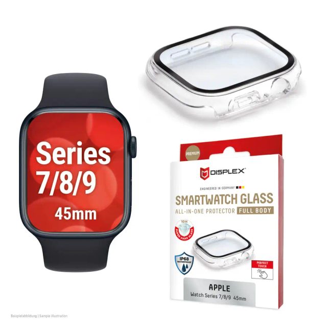 Displex 10H Tempered Glass for Apple Watch 9/8/7 (45mm), Full Body Case, IP68, Snap-On, transparent