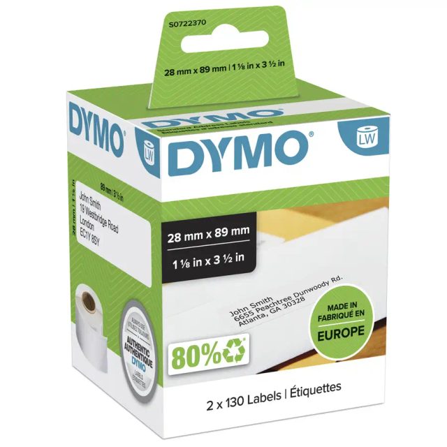 DYMO Authentic LabelWriter Address Labels | 28 mm x 89 mm | Self-Adhesive | Roll of 130 | 2 Pack (260 Easy-Peel Labels) |for LabelWriter Label Makers | Made in Europe