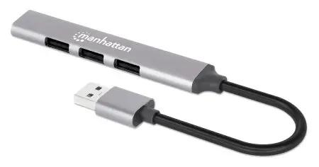 Manhattan USB-A 4-Port Hub, 4x USB-A Ports (1x 5 Gbps USB 3.2 Gen1 aka USB 3.0, 3 x 480 Mbps USB 2.0), USB powered (no external power supply required), Aluminium