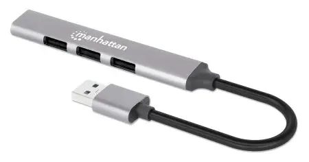 Manhattan USB-A 4-Port Hub, 4x USB-A Ports (1x 5 Gbps USB 3.2 Gen1 aka USB 3.0, 3 x 480 Mbps USB 2.0), USB powered (no external power supply required), Aluminium