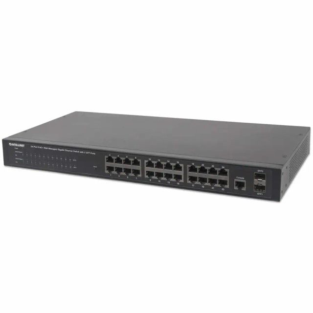 Intellinet 24-Port Gigabit Ethernet PoE+ Web-Managed Switch with 2 SFP Ports, 24 x PoE ports, IEEE 802.3at/af Power over Ethernet (PoE+/PoE), 2 x SFP, Endspan, 19" Rackmount