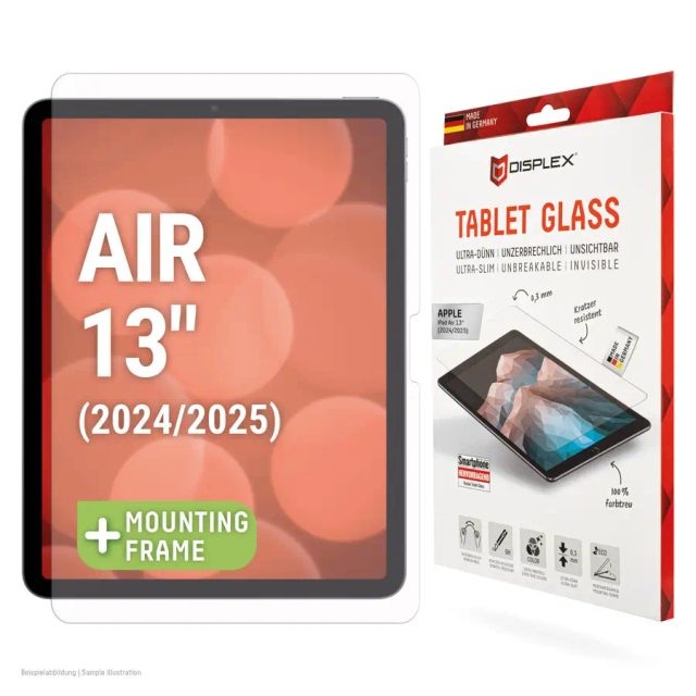 Displex Tablet Glass (9H) for Apple iPad Air 13" (2024/2025), Eco Mounting Frame, unbreakable, ultra-slim, invisible