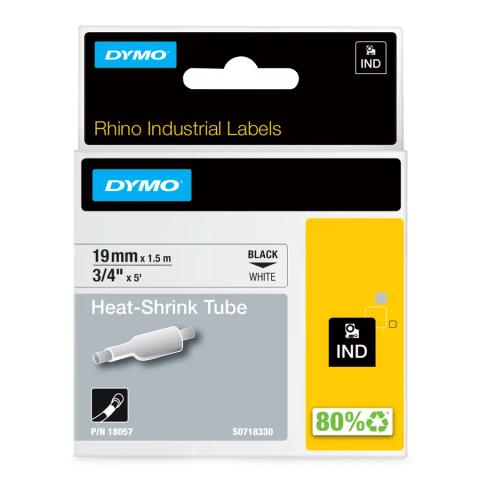 DYMO Rhino Industrial Heat-Shrink Cable Label Tubes | 19 mm x 1.5 m | Black Print on White | Self-Adhesive | for Rhino Label Makers