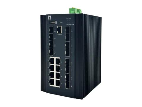 LevelOne 20-Port L2 Plus Managed Industrial Switch, 8 x 1GbE RJ45, 8 x 1GbE SFP, 4 x 1/2.5GbE SFP, DIN-Rail, -40°C to 80°C