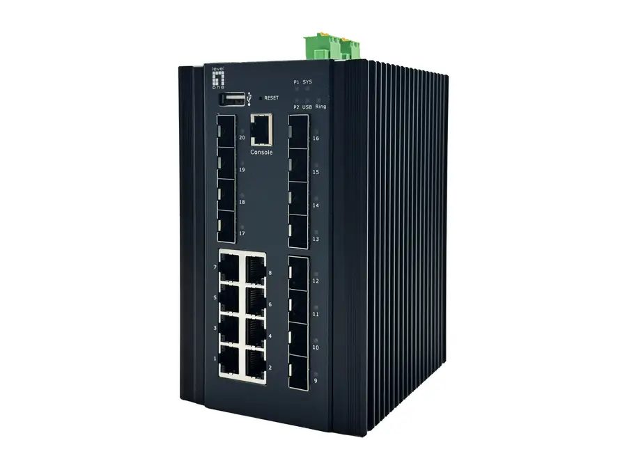 LevelOne 20-Port L2 Plus Managed Industrial Switch, 8 x 1GbE RJ45, 8 x 1GbE SFP, 4 x 1/2.5GbE SFP, DIN-Rail, -40°C to 80°C