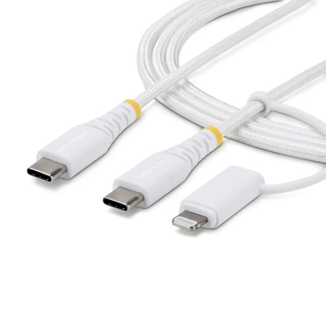 StarTech.com 1m (3ft) 2-in-1 Rugged USB-C Charging Cable with Lightning Adapter, 30W/60W (3A), Apple MFi Certified, Braided USB C Charger Cord for iPhone/iPad/Android
