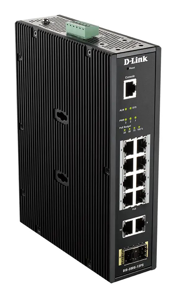 D-Link 12-Port L2 Industrial Smart Managed Switch with 10 x 1GBaseT(X) (8 PoE 240W) & 2 x SFP