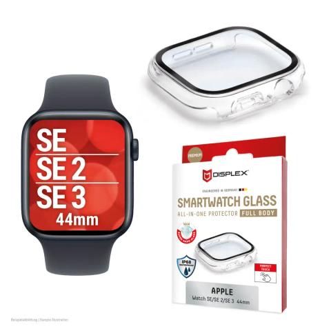 Displex 10H Tempered Glass for Apple Watch SE3/SE2/SE (44mm), Full Body Case, IP68, Snap-On, transparent