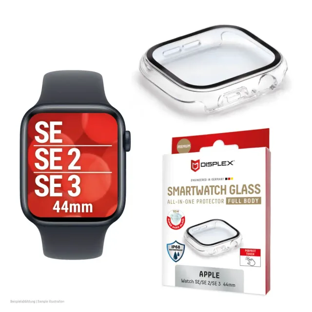 Displex 10H Tempered Glass for Apple Watch SE3/SE2/SE (44mm), Full Body Case, IP68, Snap-On, transparent