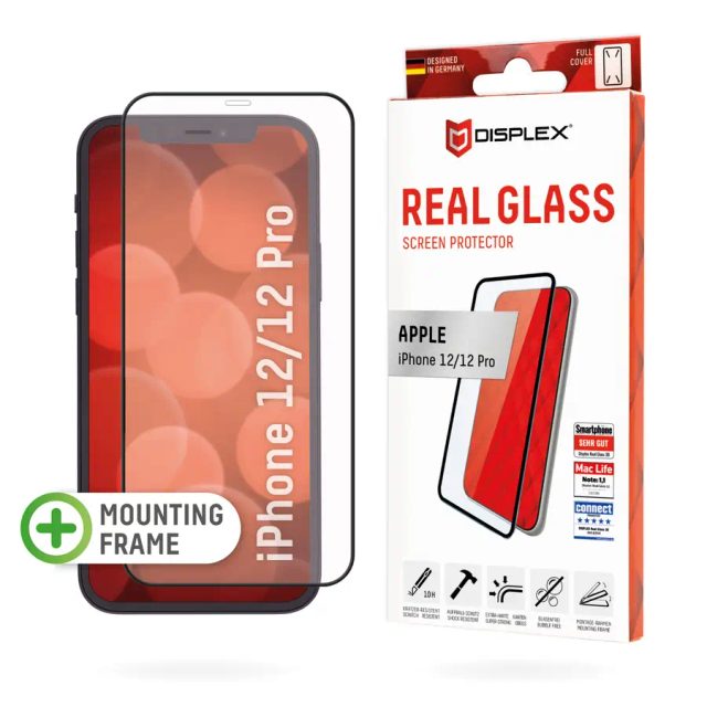 Displex Full Cover Screen Protector (10H) for Apple iPhone 12/12 Pro, Eco Mounting Frame, full screen coverage, Tempered Glass, scratch resistant protective film, case friendly