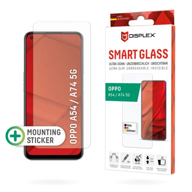 Displex Smart Glass (9H) for Oppo A54/A74 5G, Mounting Sticker, unbreakable