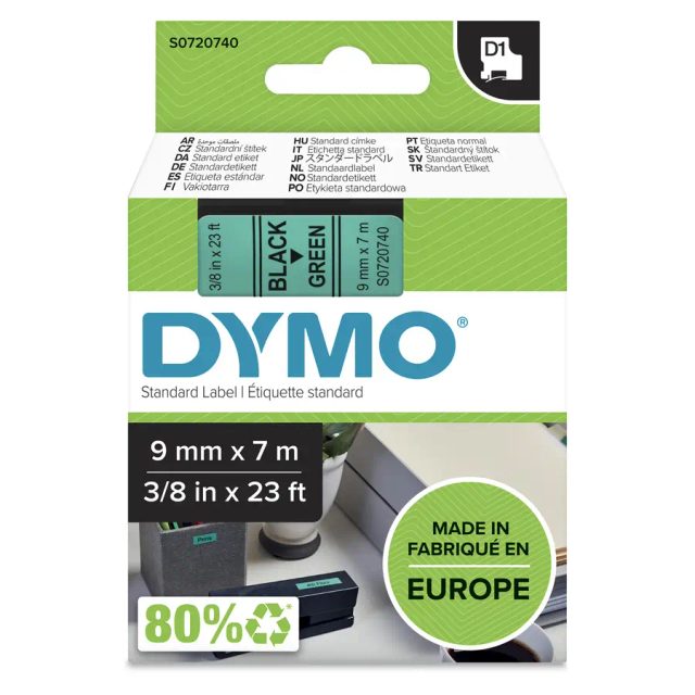 DYMO Authentic D1 Labels | Black Print on Green Tape | 9 mm x 7 m | Self-Adhesive Labels for LabelManager Label Makers | Made in Europe