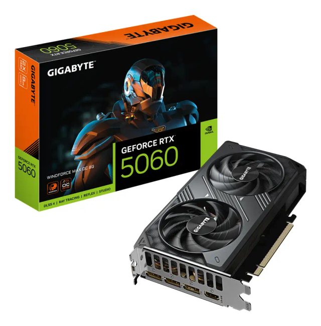 GIGABYTE GeForce RTX 5060 WINDFORCE MAX OC 8G Graphics Card - 8GB GDDR7, 128bit, PCI-E 5.0, 2512MHz Core Clock, 3 x DP, 1 x HDMI, NVIDIA DLSS 4, GV-N5060WF2MAX OC-8GD