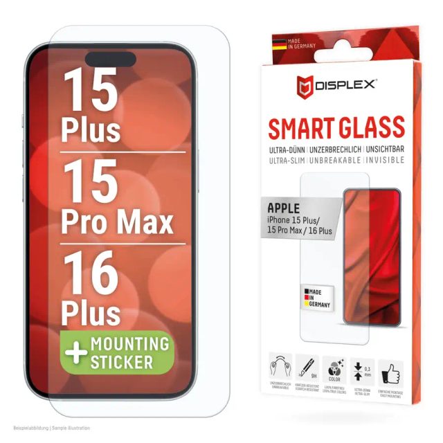 Displex Smart Glass (9H) for Apple iPhone 15 Plus/15 Pro Max/16 Plus, Mounting Sticker, unbreakable