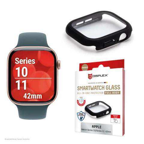 Displex 10H Tempered Glass for Apple Watch 11/10 (42mm), Full Body Case, IP68, Snap-On, black frosted