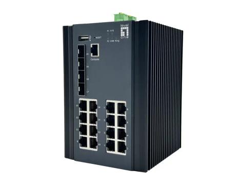 LevelOne 20-Port L2 Plus Managed Gigabit Industrial Switch, 16x 1GbE RJ45, 4x 1/2.5GbE SFP, DIN-Rail, -40°C to 80°C