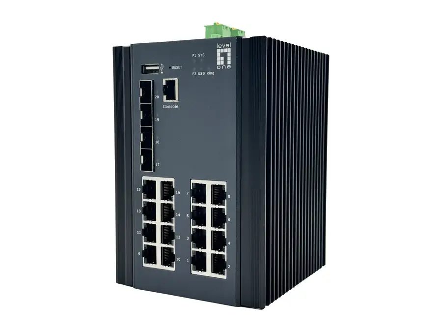 LevelOne 20-Port L2 Plus Managed Gigabit Industrial Switch, 16x 1GbE RJ45, 4x 1/2.5GbE SFP, DIN-Rail, -40°C to 80°C