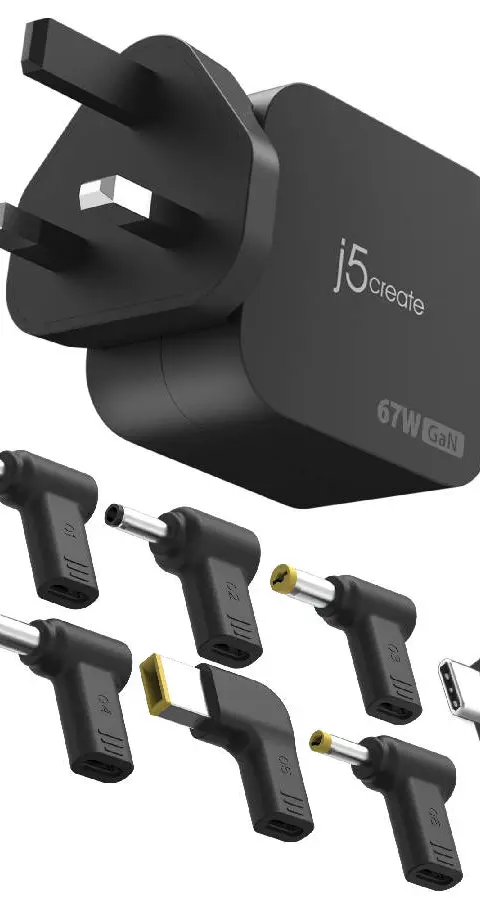 j5create JUP1565DC 67W GaN PD USB-C® Mini Charger with 6 Types of DC Connector-UK, Black