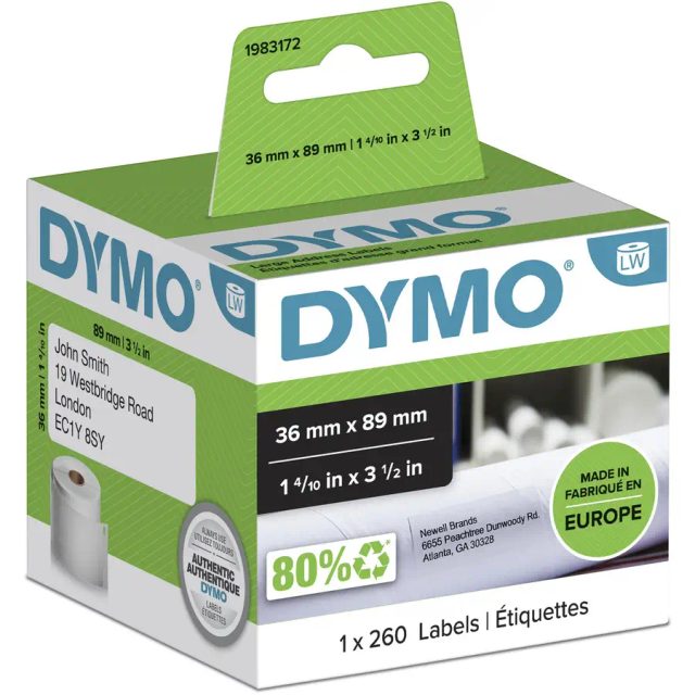 DYMO Authentic LabelWriter Large Address Labels | 36 mm x 89 mm | Roll of 260 | Black Print on White | for LabelWriter Label Makers