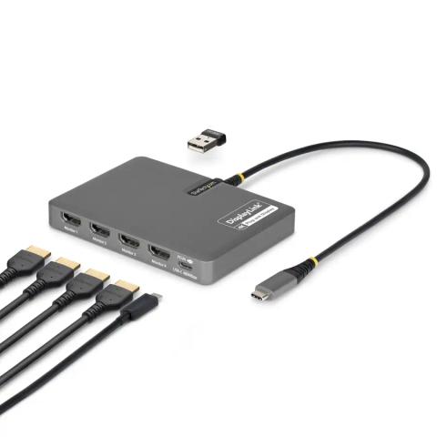 StarTech.com USB-C to Quad-Monitor Workstation Adapter, 4K 60Hz HDMI, 140W PD Passthrough for Laptop Charging, USB Port for Wireless Keyboard / Mouse, TAA