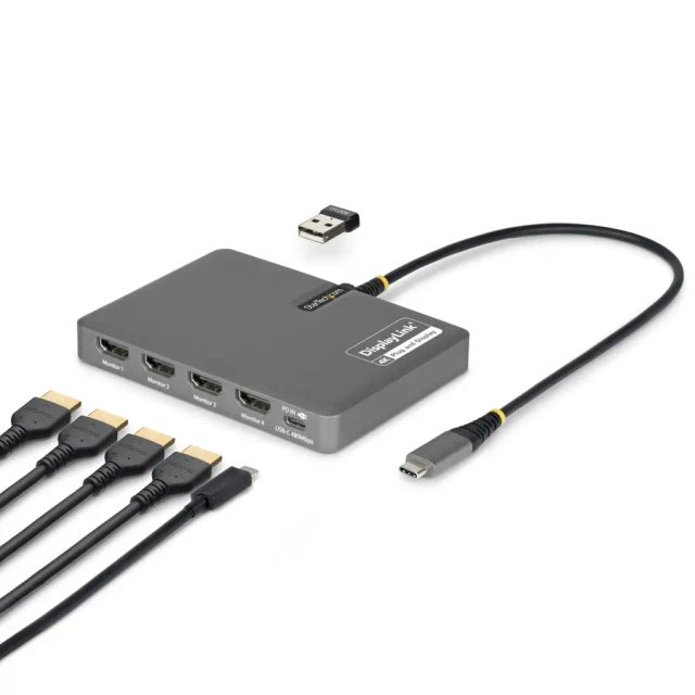 StarTech.com USB-C to Quad-Monitor Workstation Adapter, 4K 60Hz HDMI, 140W PD Passthrough for Laptop Charging, USB Port for Wireless Keyboard / Mouse, TAA