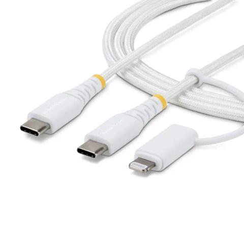 StarTech.com 2m (6ft) 2-in-1 Rugged USB-C Charging Cable with Lightning Adapter, 30W/60W (3A), Apple MFi Certified, Braided USB C Charger Cord for iPhone/iPad/Android