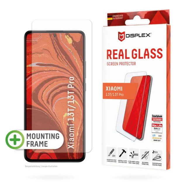 Displex Screen Protector (10H) for Xiaomi 13/13T Pro, Eco Mounting Frame, scratch resistant