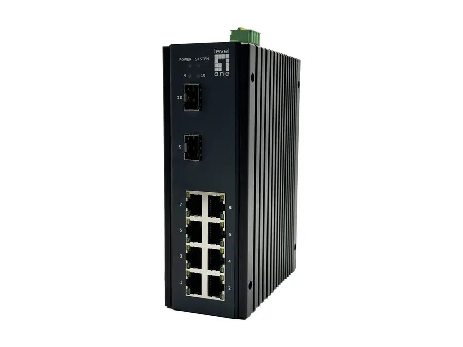 LevelOne 10-Port L2 Plus Managed Gigabit Industrial Switch, 8x 1GbE RJ45, 2x 1/2.5GbE SFP, DIN-Rail, -40°C to 75°C