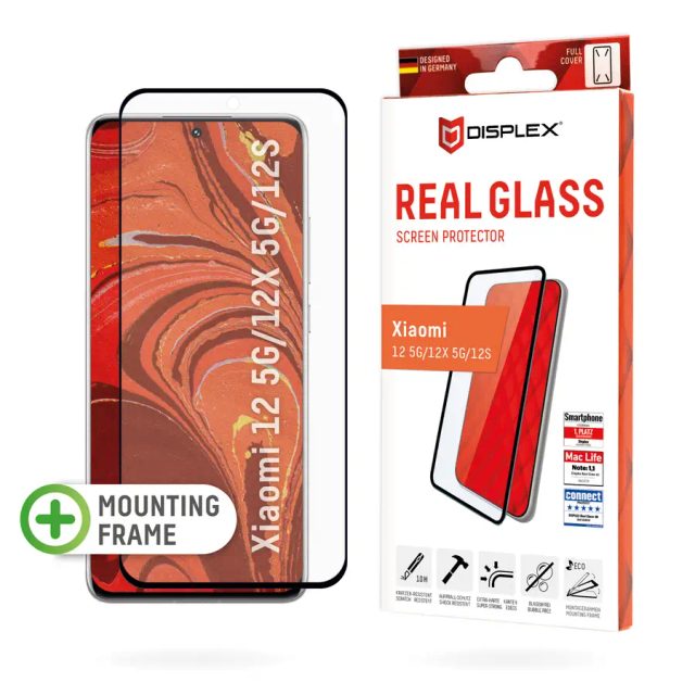Displex Full Cover Screen Protector (10H) for Xiaomi 12 5G/12X 5G/12S, Eco Mounting Frame, full screen coverage, Tempered Glass, scratch resistant protective film, case friendly